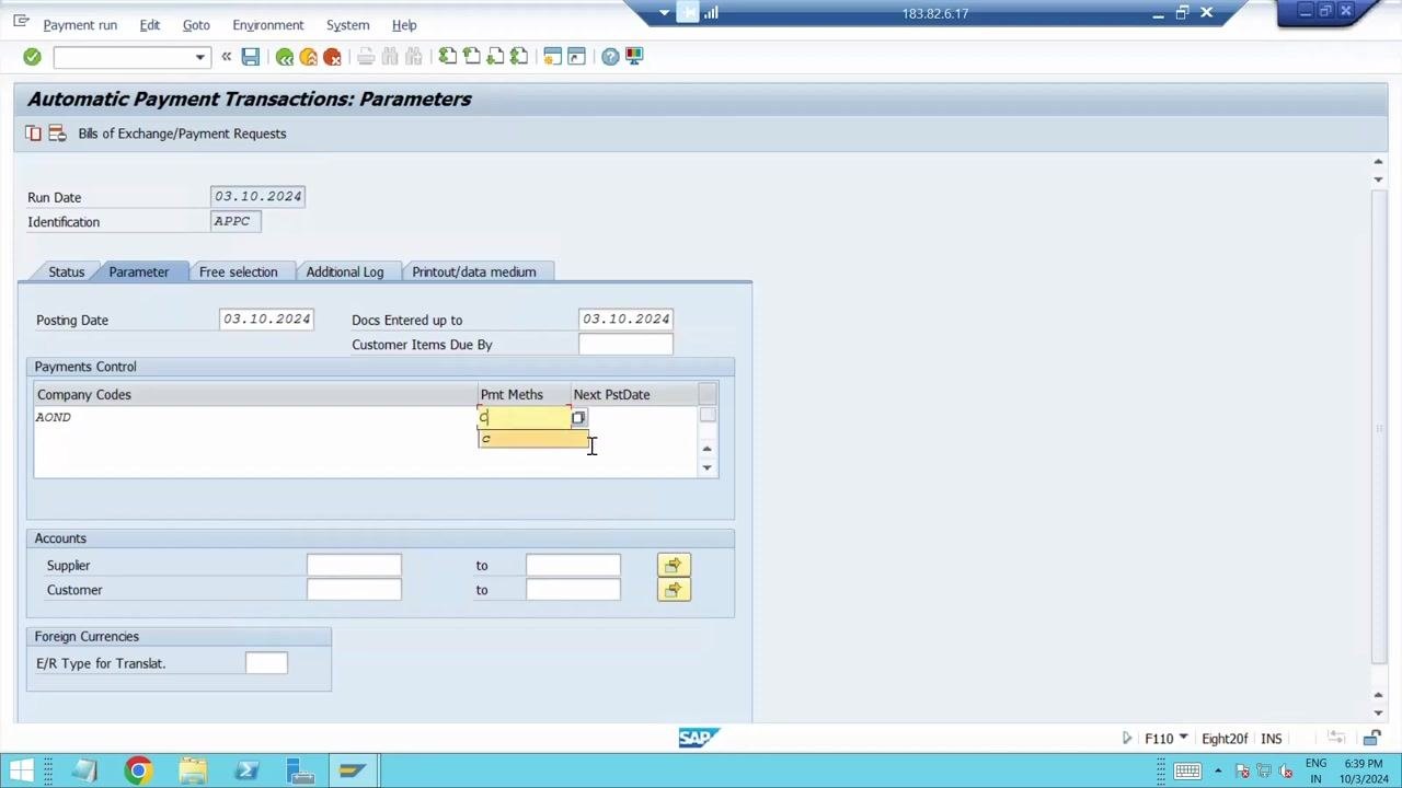 Automatic Payment Transactions: Parameters screen with payment method "C" being entered for company code AOND