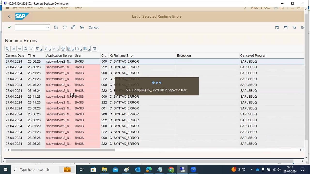 Detailed runtime error description showing the ABAP programming error, error analysis, and trigger location.