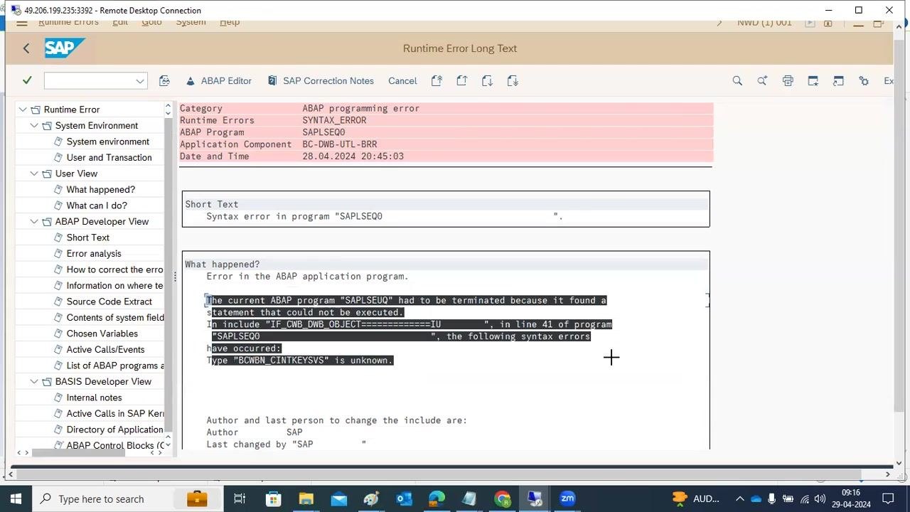 Web browser search results showing SAP Note 2854490 for the syntax error, with the note title and related links visible.