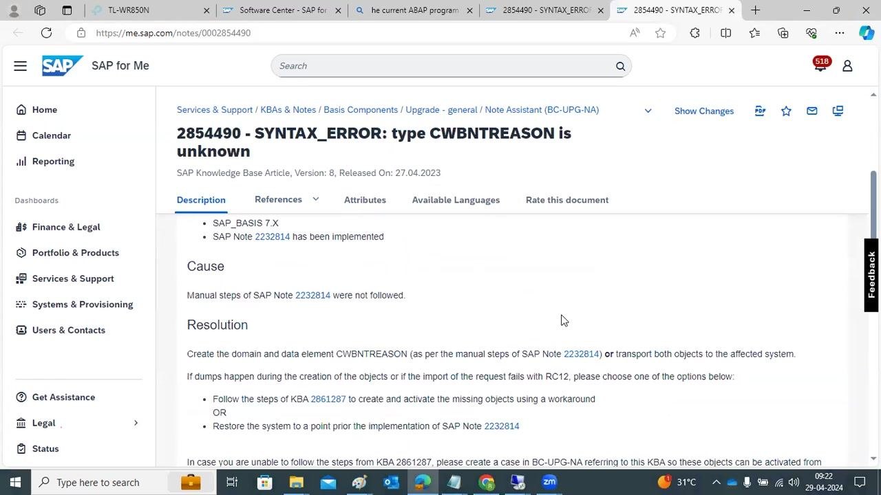 Web browser displaying SAP Note 2854490 with error description, cause, and resolution steps for SYNTAX_ERROR: type CWBNREASON is unknown.