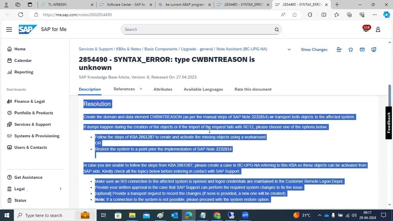 SAP for Me portal displaying SAP Note 2854490, with the Resolution section highlighted and detailed steps for resolving the syntax error, including references to other SAP Notes and instructions for contacting SAP Support.