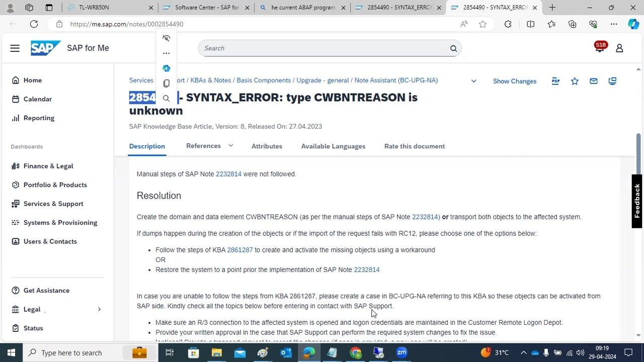 Web browser with SAP Note 2854490 open, user is being instructed to use SNOTE transaction code.