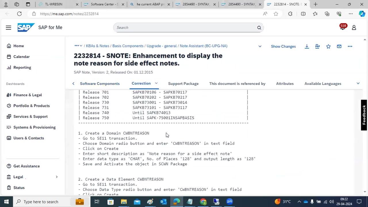 SAP Note 2232814 displayed, listing software components and manual steps for domain creation.