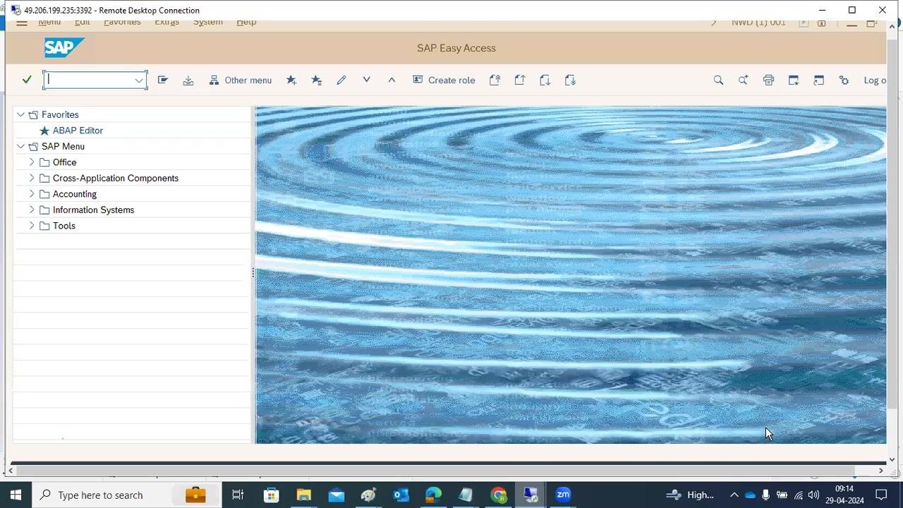 SAP Easy Access screen showing the main menu with navigation options such as Favorites, ABAP Editor, SAP Menu, Office, Cross-Application Components, Accounting, Information Systems, and Tools. The top bar includes options for creating roles and other menu actions.