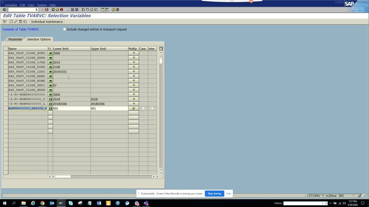 Edit Table TVARVC: Selection Variables screen showing multiple entries, illustrating the flexibility of dynamic variables.