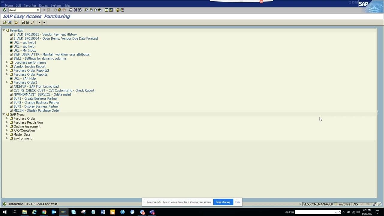 Command field with "stvarv" entered, showing an error message at the bottom for an invalid transaction code.