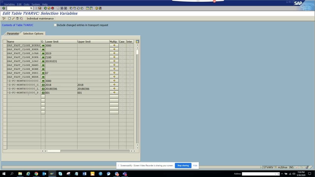 Selection Options tab showing lower and upper limit columns, existing entries, and available create/edit actions.