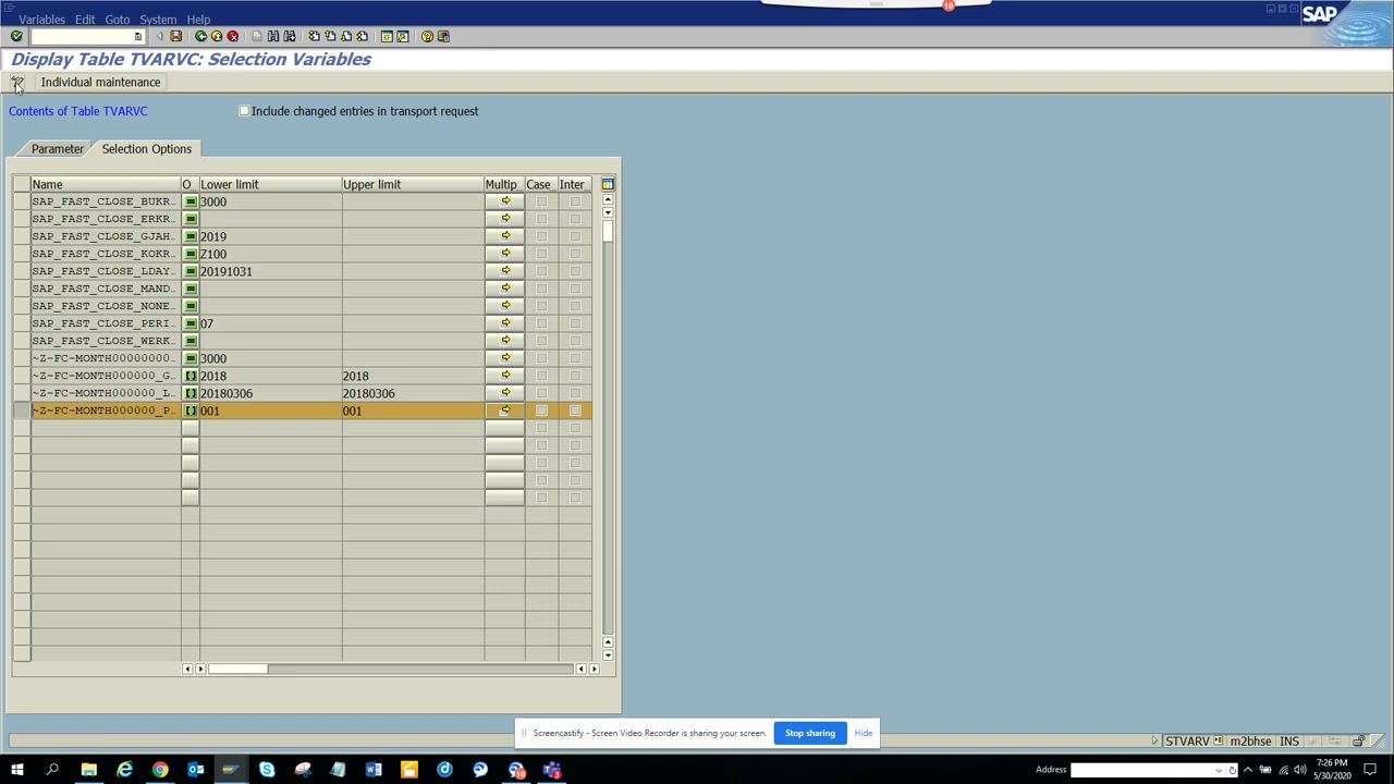 Display Table TVARVC: Selection Variables screen with an entry selected and the display/change toggle highlighted.