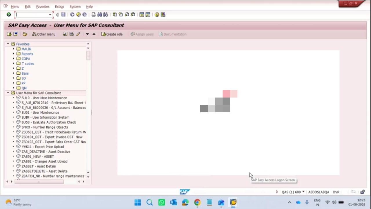 SAP Easy Access screen with user menu, favorites, and transaction codes visible. The status bar shows system and client information, and the system tray shows the SAP icon and other application icons.