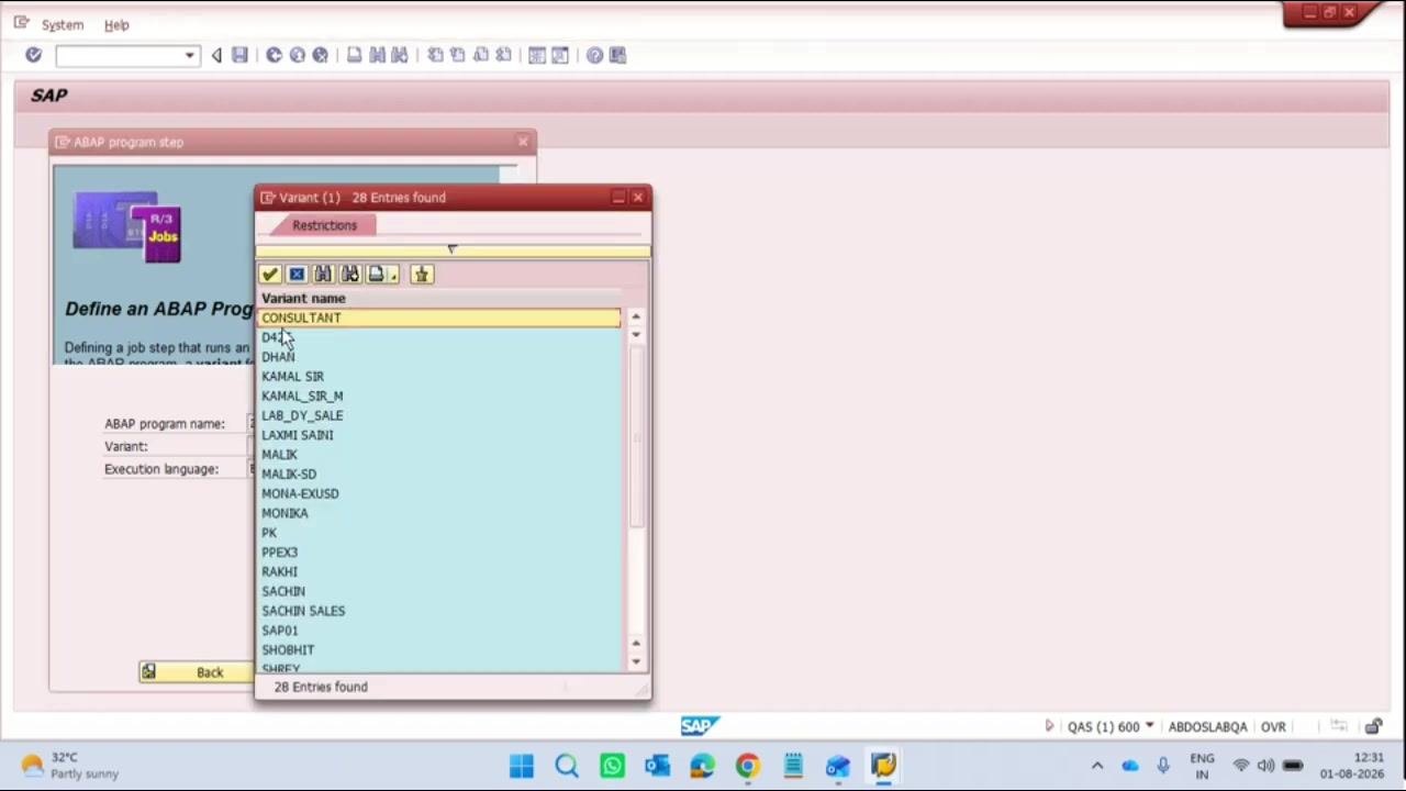Variant selection window with CONSULTANT highlighted among the other available variant names.