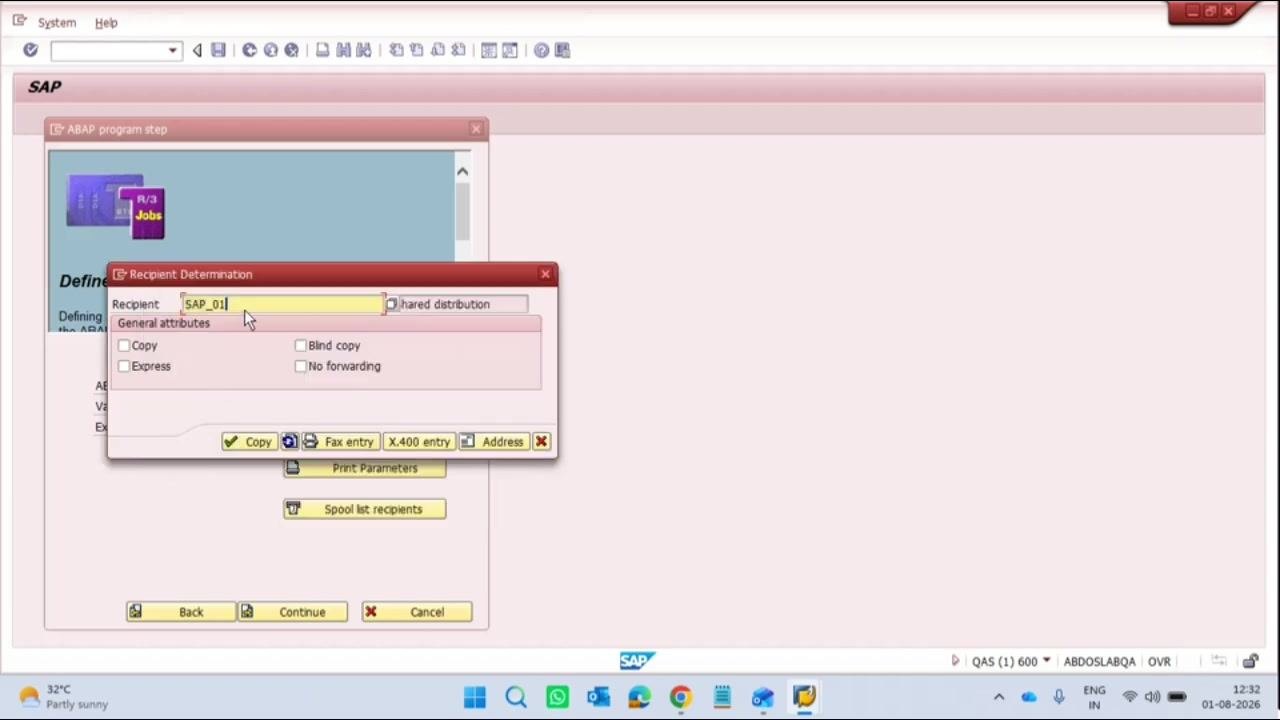 Recipient Determination dialog with Recipient set to SAP_01 and distribution options visible.