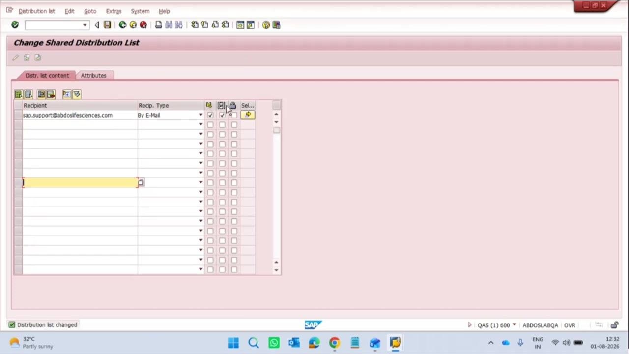 Change Shared Distribution List window showing sap.support@abdoslifesciences.com as the recipient.