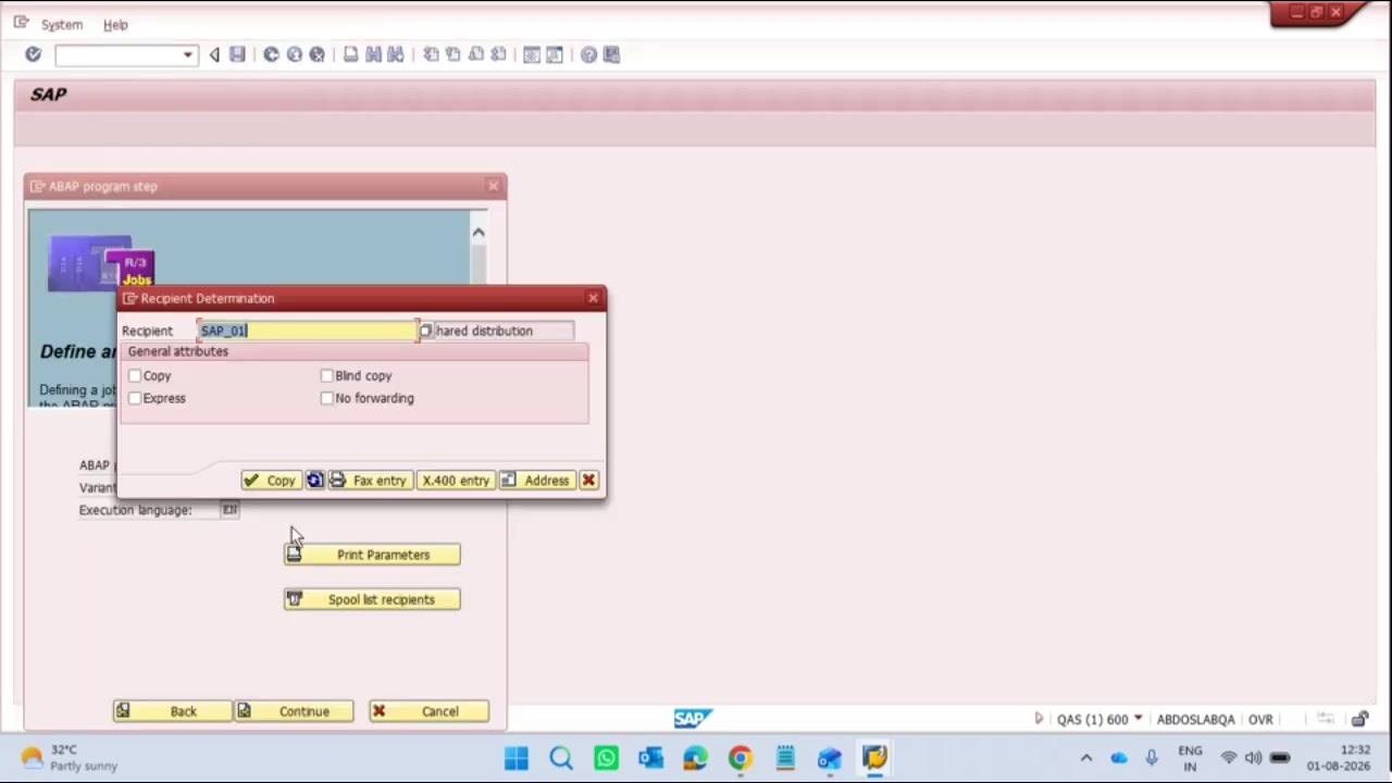Recipient Determination dialog with SAP_01 as recipient, ready to continue.