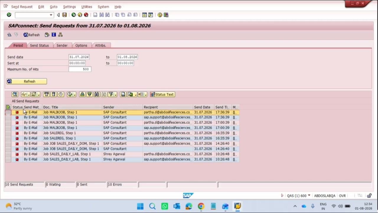 SAPconnect Send Requests window showing email send requests with status, sender, recipient, and job details.