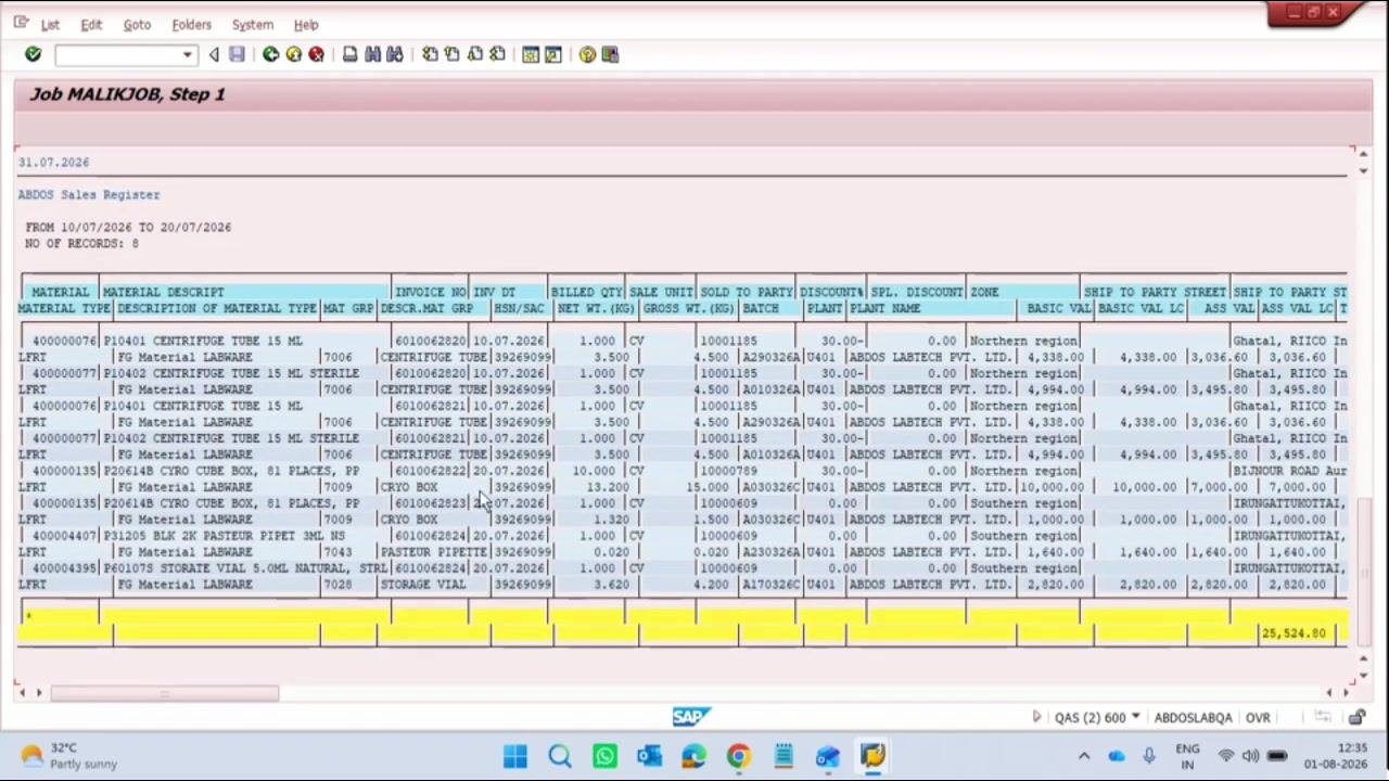 SAP job output window showing the ABDOS Sales Register report with detailed sales data across columns for material, invoice, quantity, value, and more.
