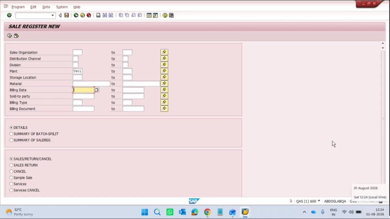 SALE REGISTER NEW report input screen with Plant set to 'U401' and the Billing Date field being edited, ready for variant creation.