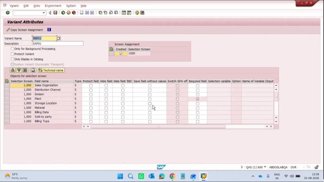 Variant Attributes screen with fields for Variant Name, Description, and the selection screen field list.