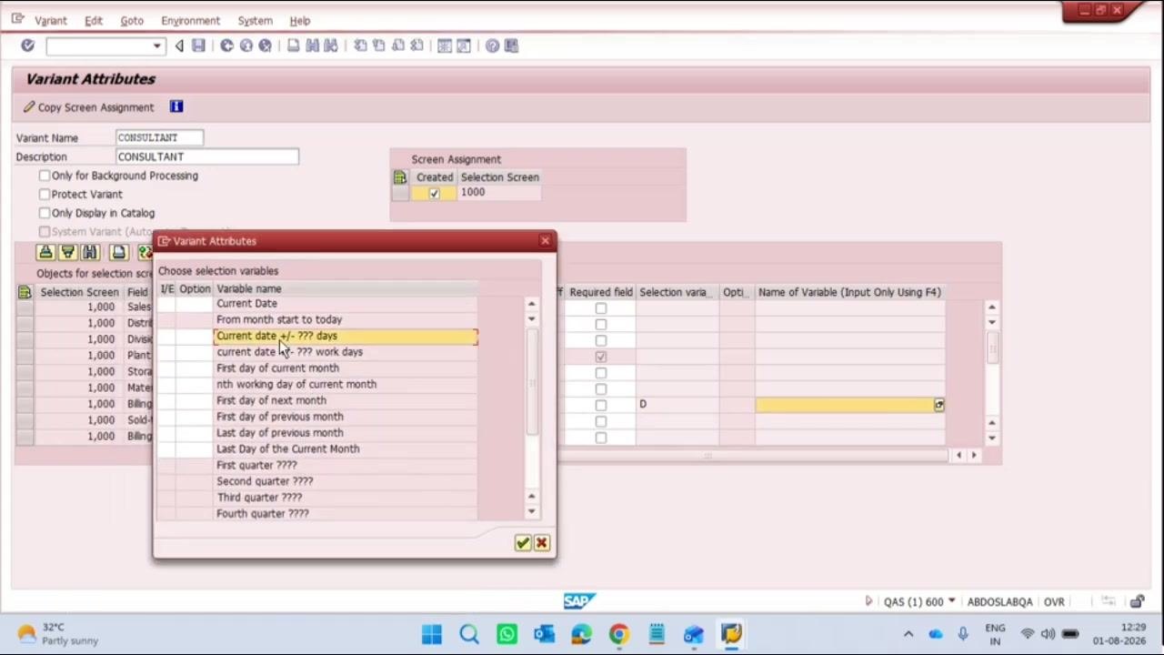 Variant Attributes screen with the 'Choose selection variables' dialog open, highlighting 'Current date +/- ??? days'.