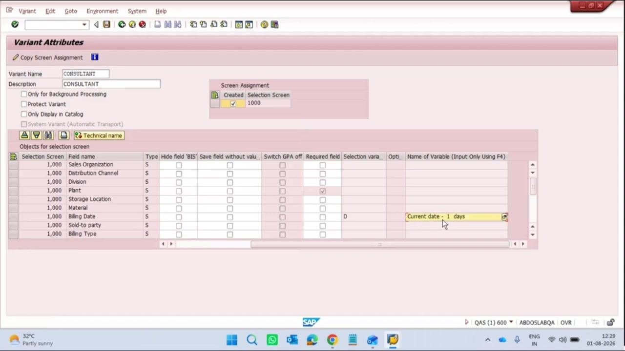 Variant Attributes screen showing 'Current date - 1 days' configured for the Billing Date field in the variant.