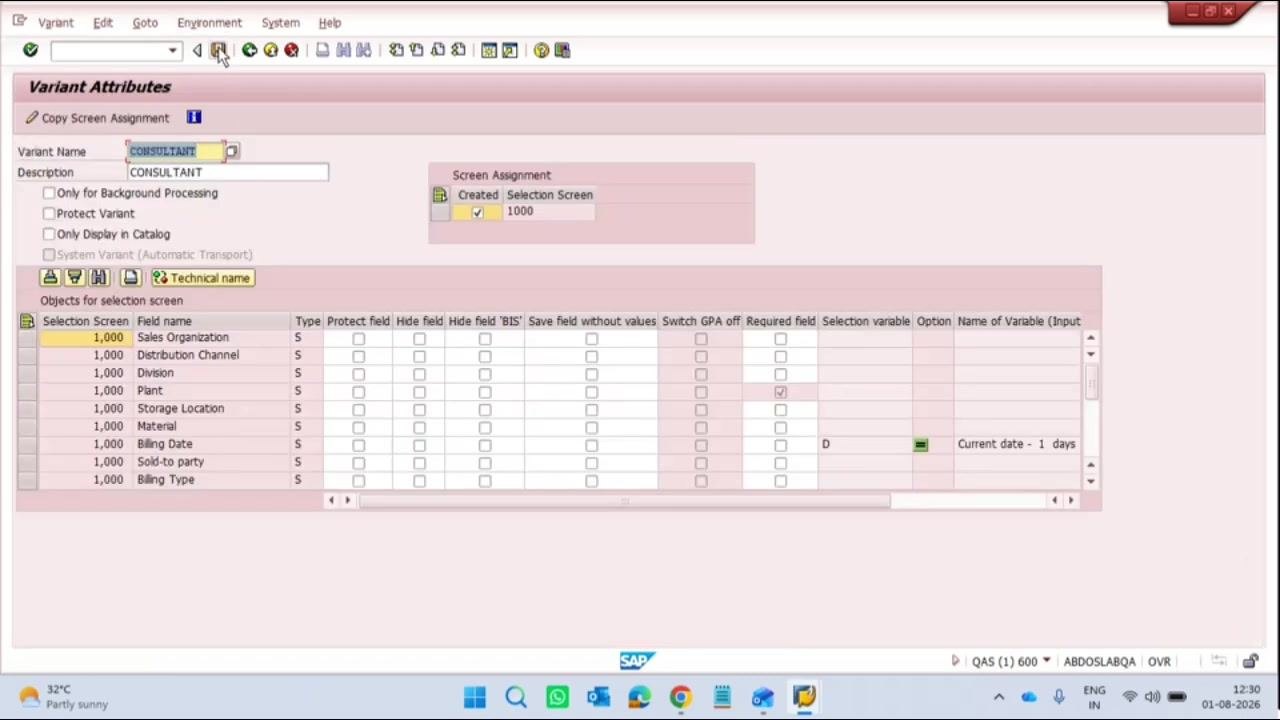 Variant Attributes screen for 'CONSULTANT' showing the dynamic date logic applied to the Billing Date field.
