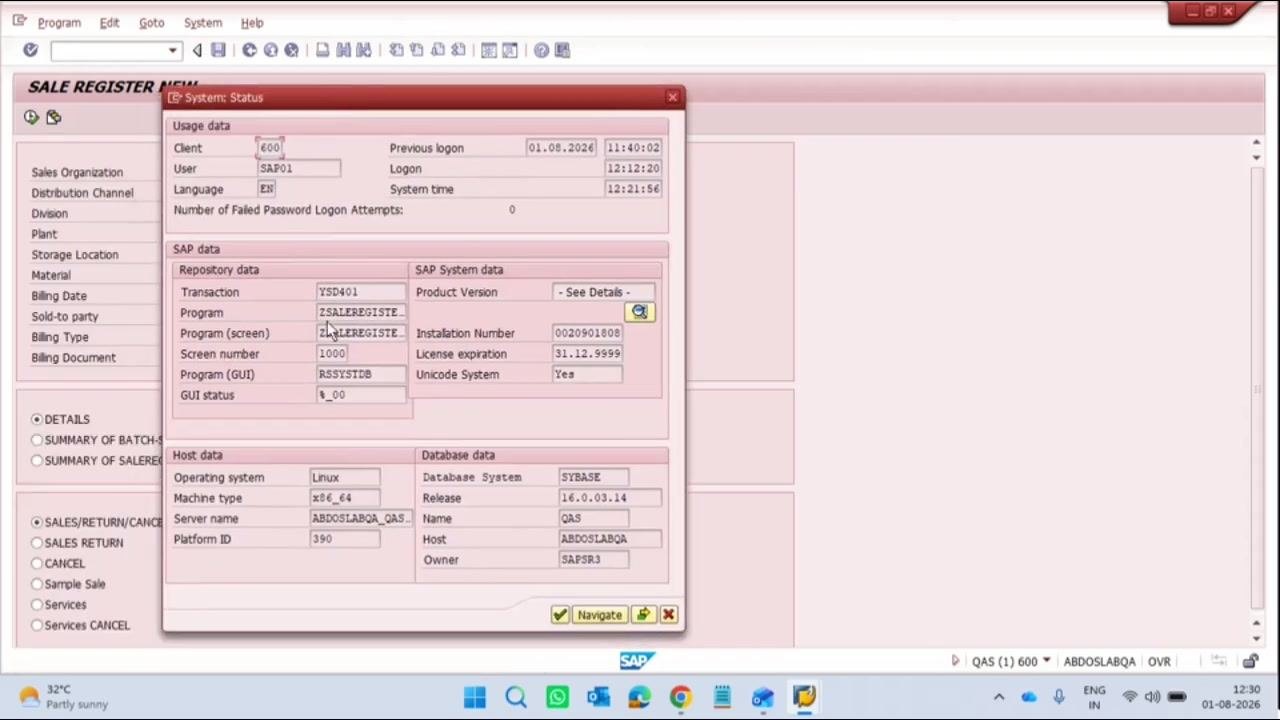 System: Status dialog showing Program 'ZSALEREGISTER_NEW1' and Transaction 'YSD401'.