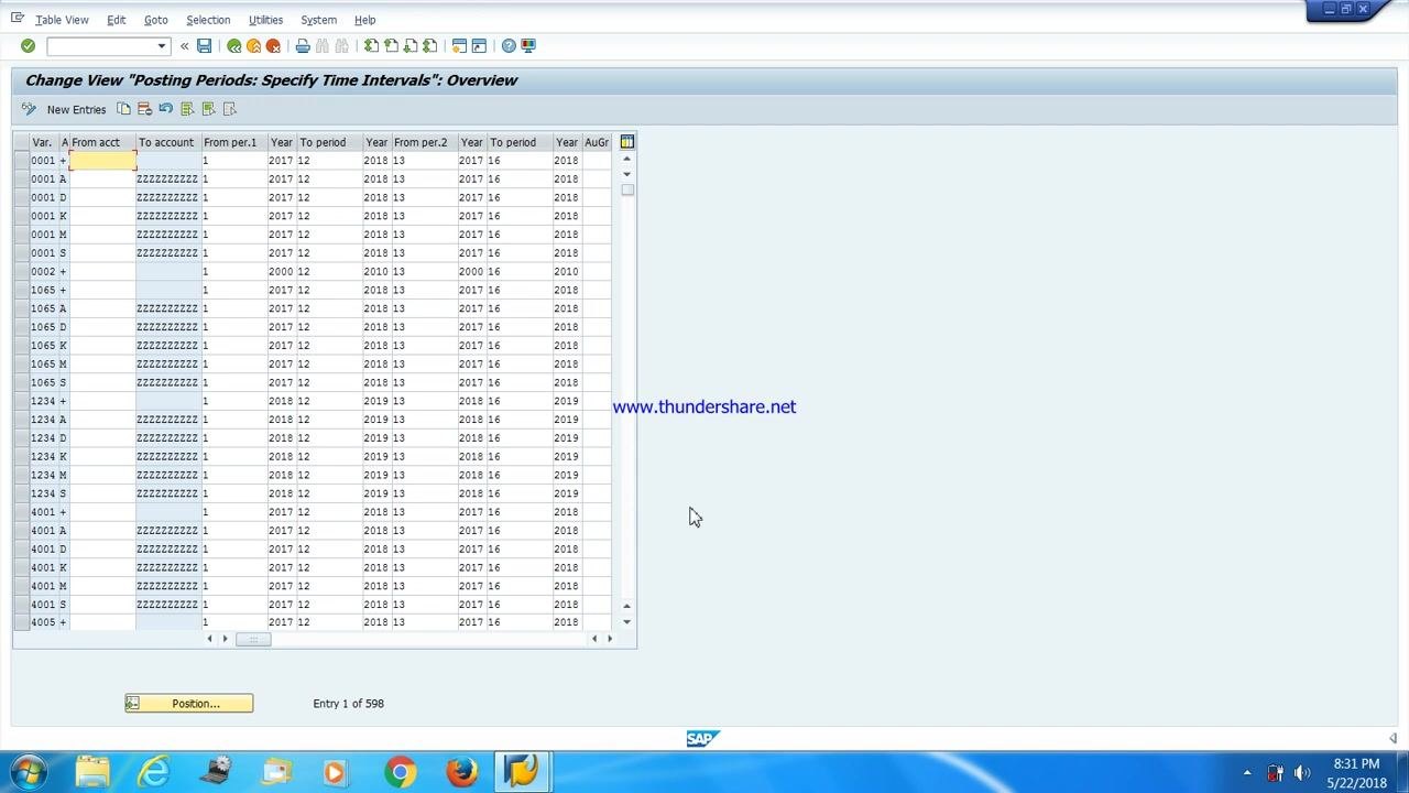 Overview table showing posting periods for multiple company codes and account types