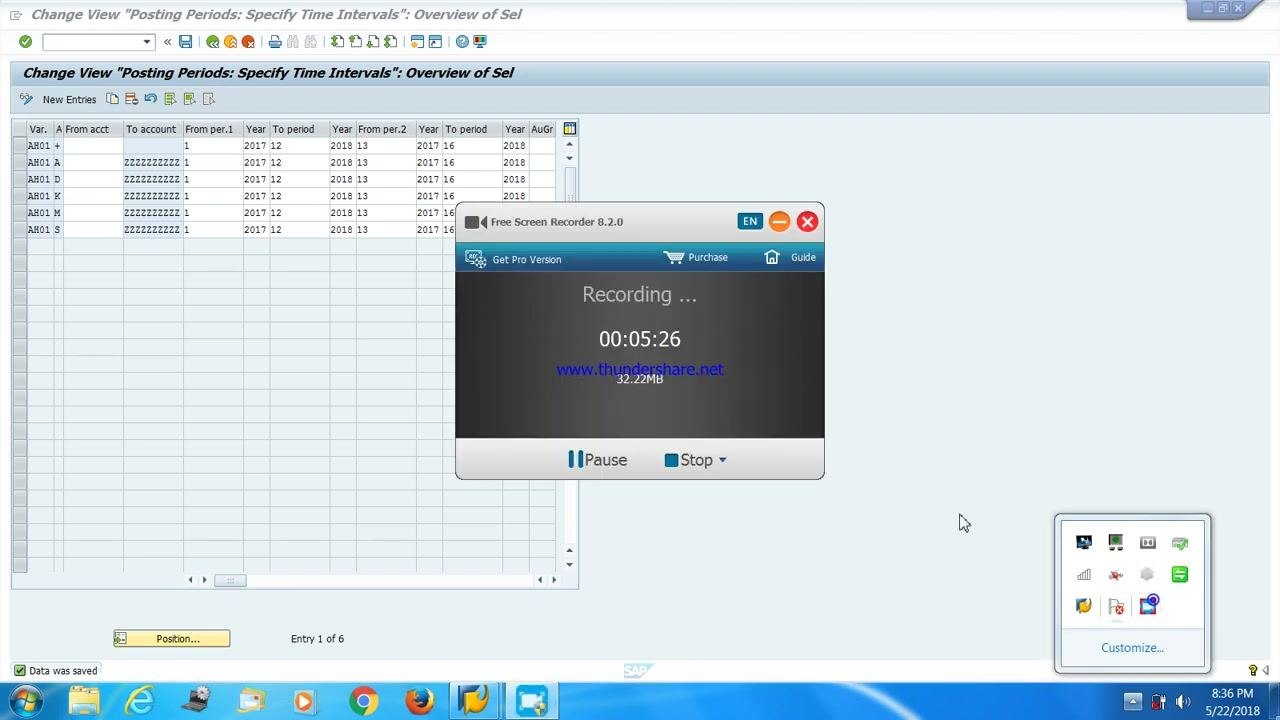 SAP posting period configuration screen with Free Screen Recorder overlay showing recording in progress, confirming the end of the configuration process