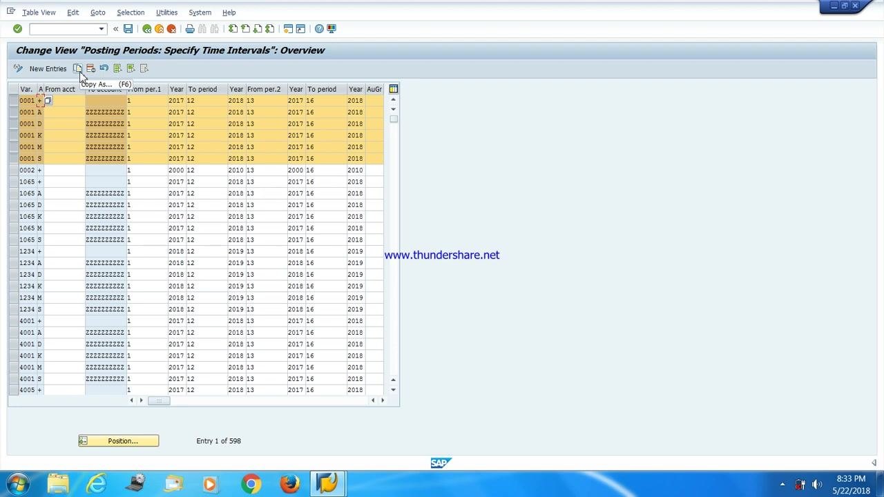 Overview screen with the Copy As (F6) button highlighted, showing selected rows for copying posting periods