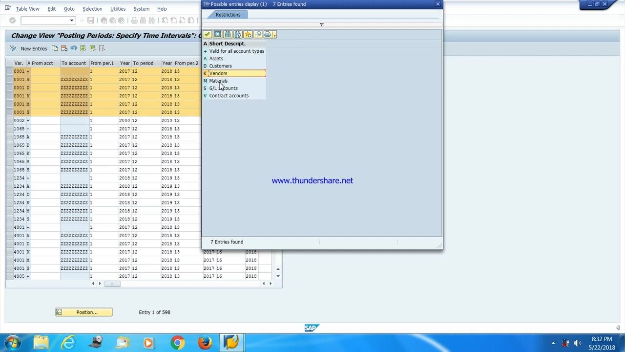 SAP screen showing account type selection pop-up with options for assets, customers, vendors, materials, G/L accounts, and contract accounts