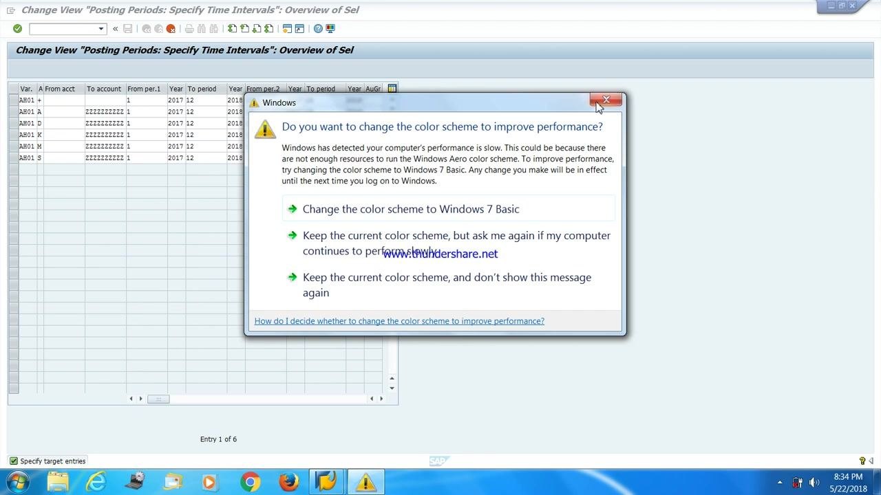 SAP screen showing posting period intervals for variant AH01, with account types, account ranges, and periods set for all modules