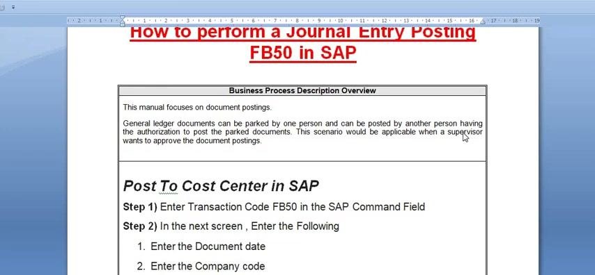 Screen showing the guide title "How to perform a Journal Entry Posting FB50 in SAP" and a business process description overview.