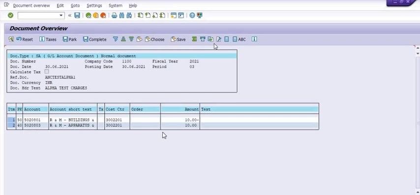 SAP Document Overview screen showing two line items: 5020801 (R M - BUILDINGS) and 5020803 (R M - APPARATUS), both with Cost Center 3002201 and Amount 10.00. Header details as specified above.