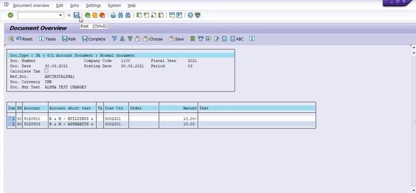 SAP Document Overview screen with the Post button highlighted, ready to finalize the document posting.