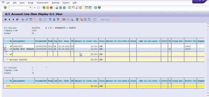Balance Display: G/L Accounts For the Ledger 0L screen showing Account 5020803, Company Code 1100, Fiscal Year 2021, with June Debit 10.00, Credit 20.00, and correct balances.