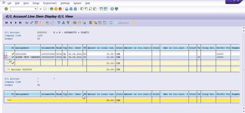 Balance Display: G/L Accounts For the Ledger 0L showing account 5020801, June Debit 20.00, Credit 10.00, and correct balances.