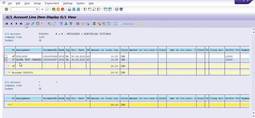 G/L Account Line Item Display G/L View for account 5020801 showing assignment 20210630, document 1000000067, amount 10.00 INR, text ALPHA TEST CHARGES, and profit center 10000.