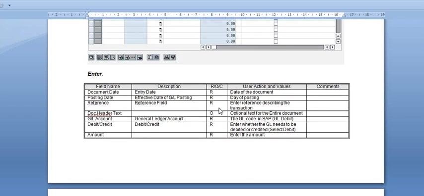 Screen showing a table with field names, descriptions, required/optional status, user actions, and comments for each field in the FB50 entry process.