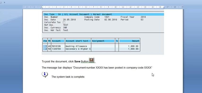 FB50 entry screen with header fields filled: Document Date 30.06.2021, Posting Date 30.06.2021, Currency INR, Invoice No. ABC TEST ALPHA1, Doc. Header Text ALPHA TEST CHARGES, Document Type SA, Company Code 1100.