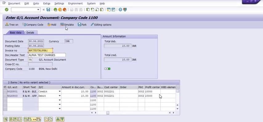 SAP G/L Account Document entry screen with line items filled: G/L acct 5020801 (Credit), 5020803 (Debit), Amount 10.00, Cost center 30023002201, Pnt 3002, Profit center 10000, and header details as specified above.