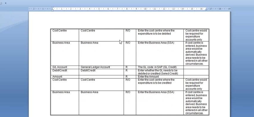 Screen showing a table with fields for Cost Centre, Business Area, G/L Account, Debit/Credit, and Amount, including instructions and requirements for each field.