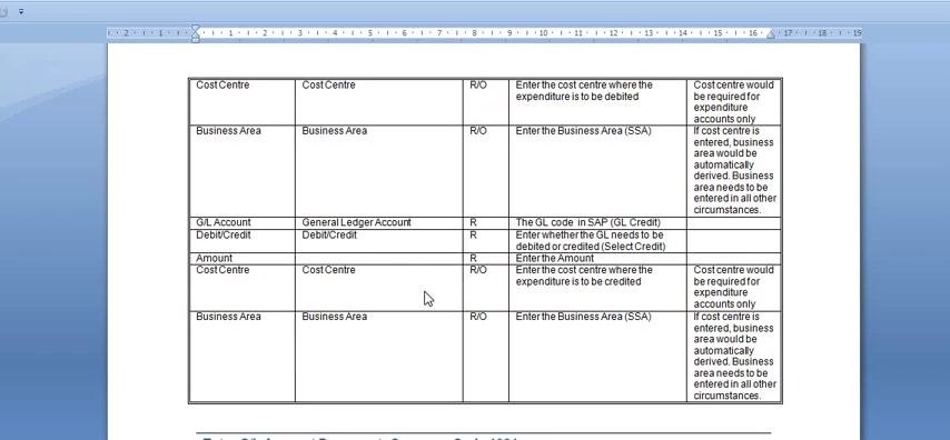 Screen showing the FB50 entry form with both debit and credit lines, including G/L accounts, amounts, business area, and cost center.