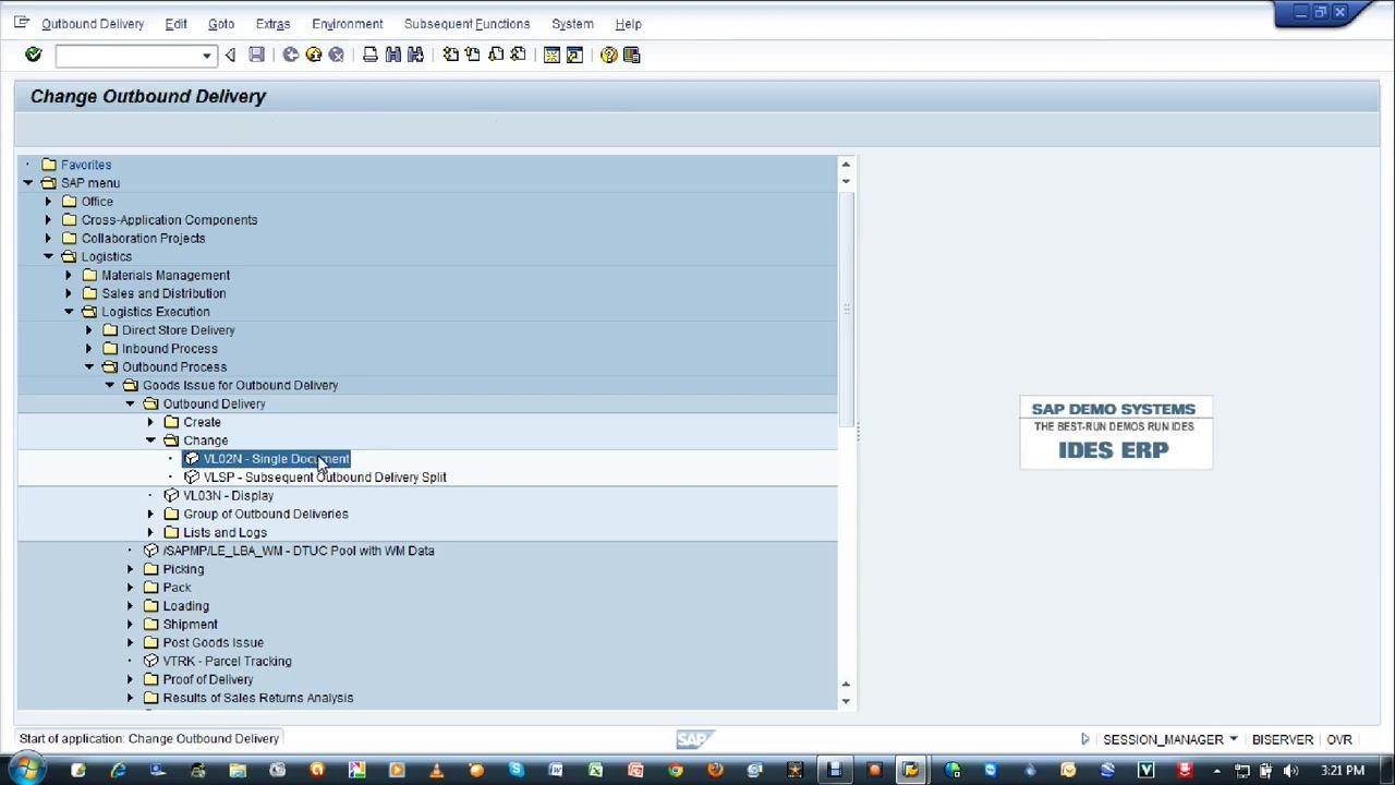 SAP Easy Access menu expanded through Logistics Execution > Outbound Process > Goods Issue for Outbound Delivery > Outbound Delivery > Change > VL02N - Single Document