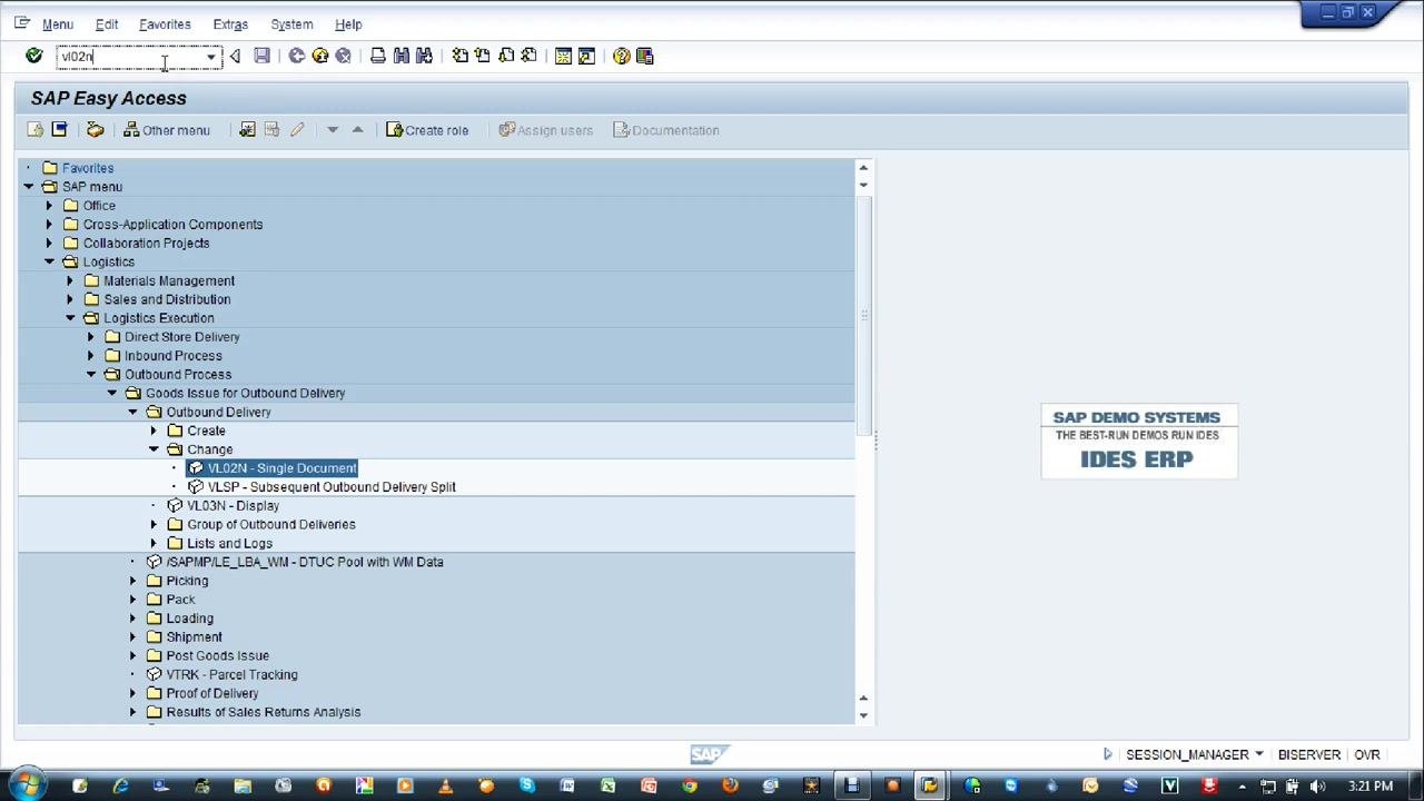 Command field with VL02N entered and menu path visible