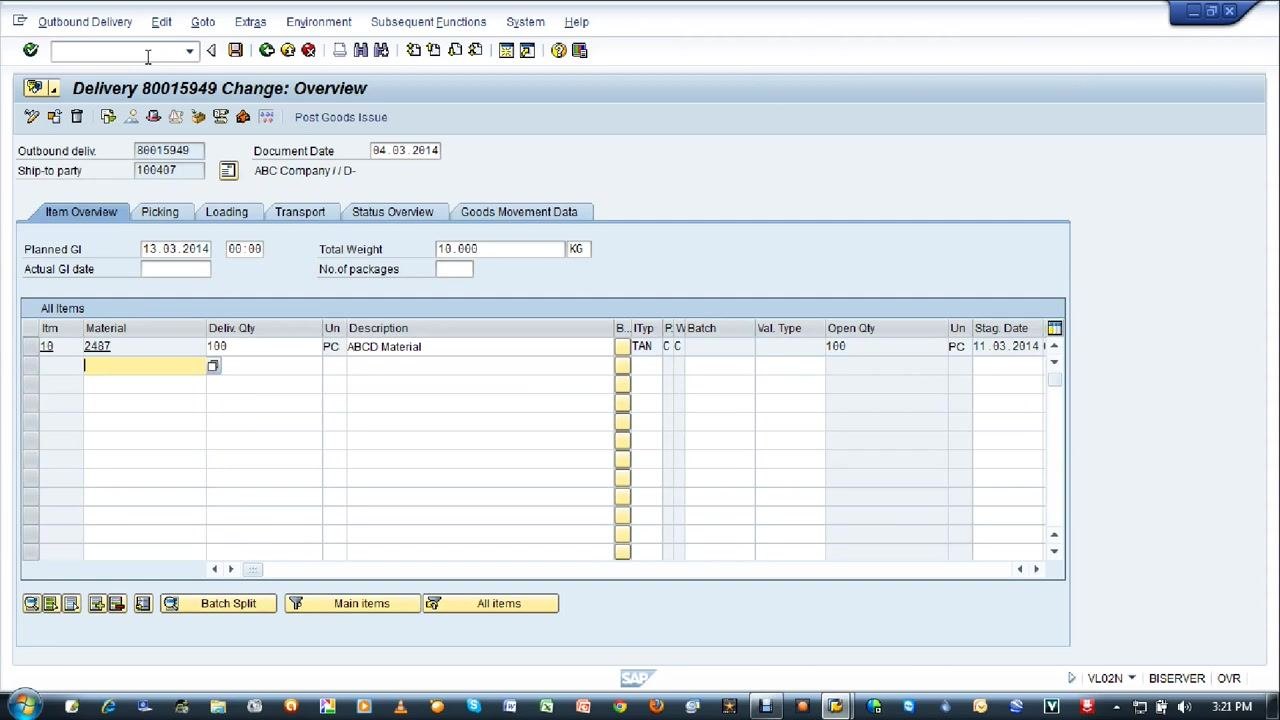 Delivery 80015949 Change: Overview screen showing item and delivery details