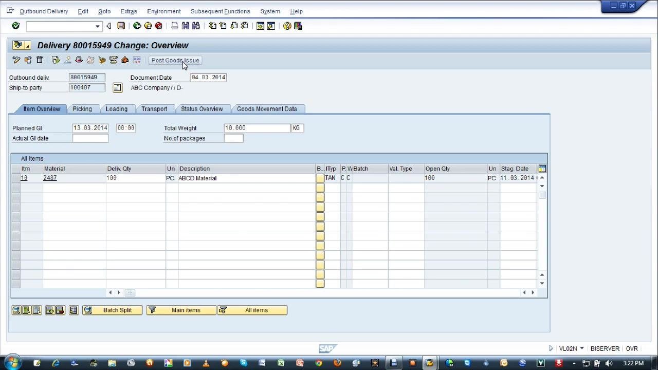 Delivery 80015949 Change: Overview screen with the cursor positioned on the Post Goods Issue button