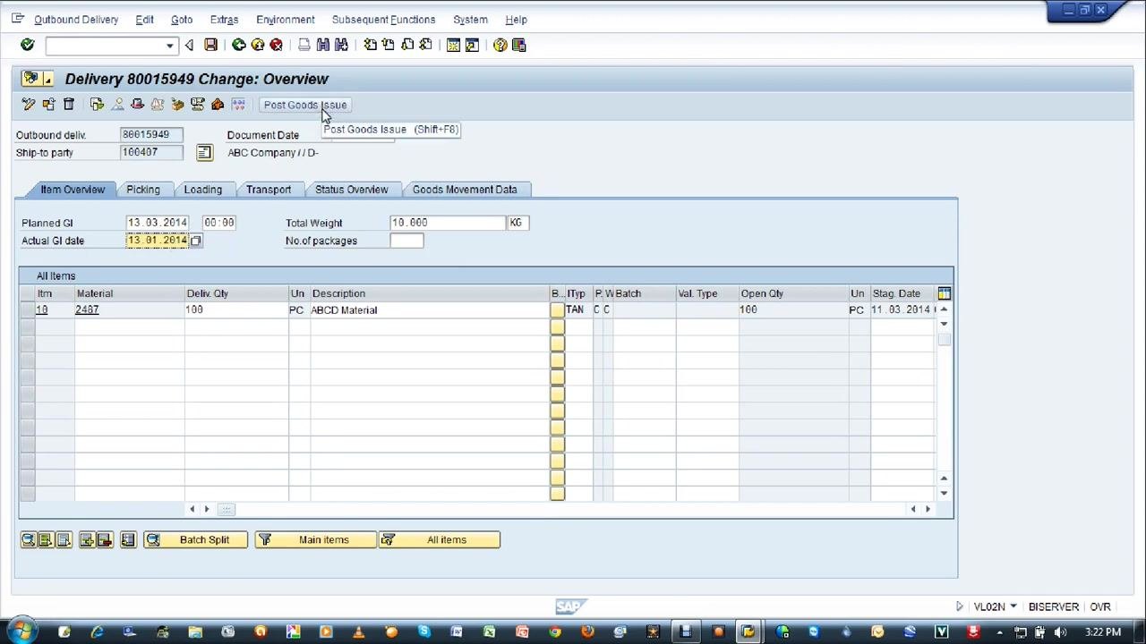Change Outbound Delivery screen showing the Post Goods Issue button being clicked after correcting the date