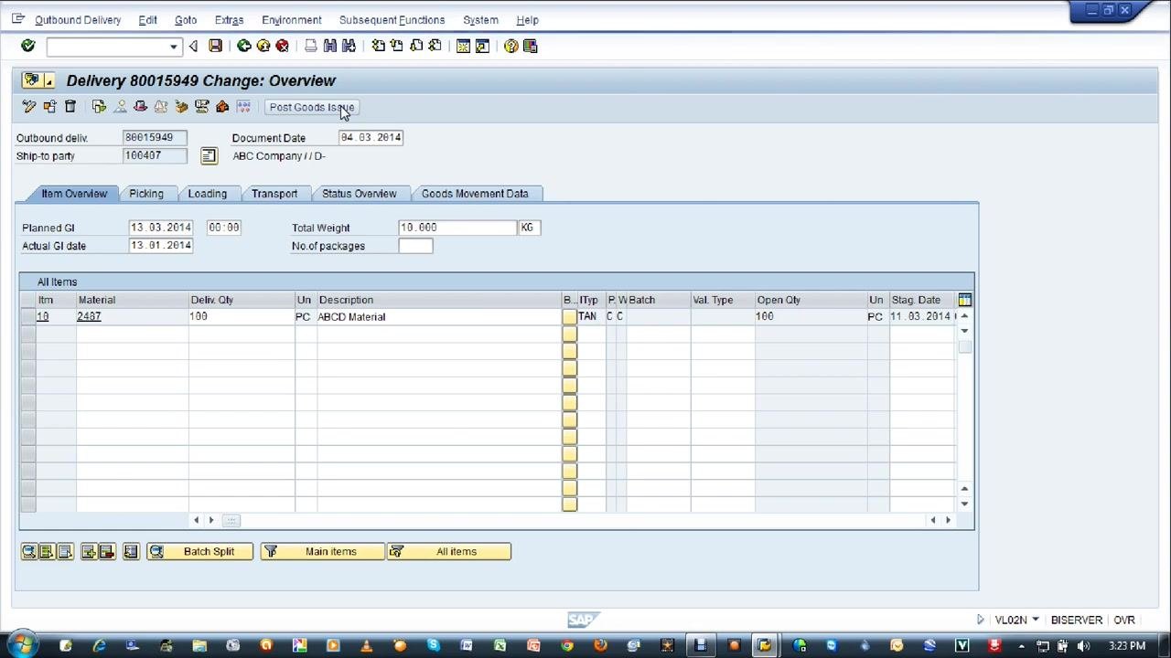 Change Outbound Delivery screen with the confirmation message "Delivery 80015949 has been saved"
