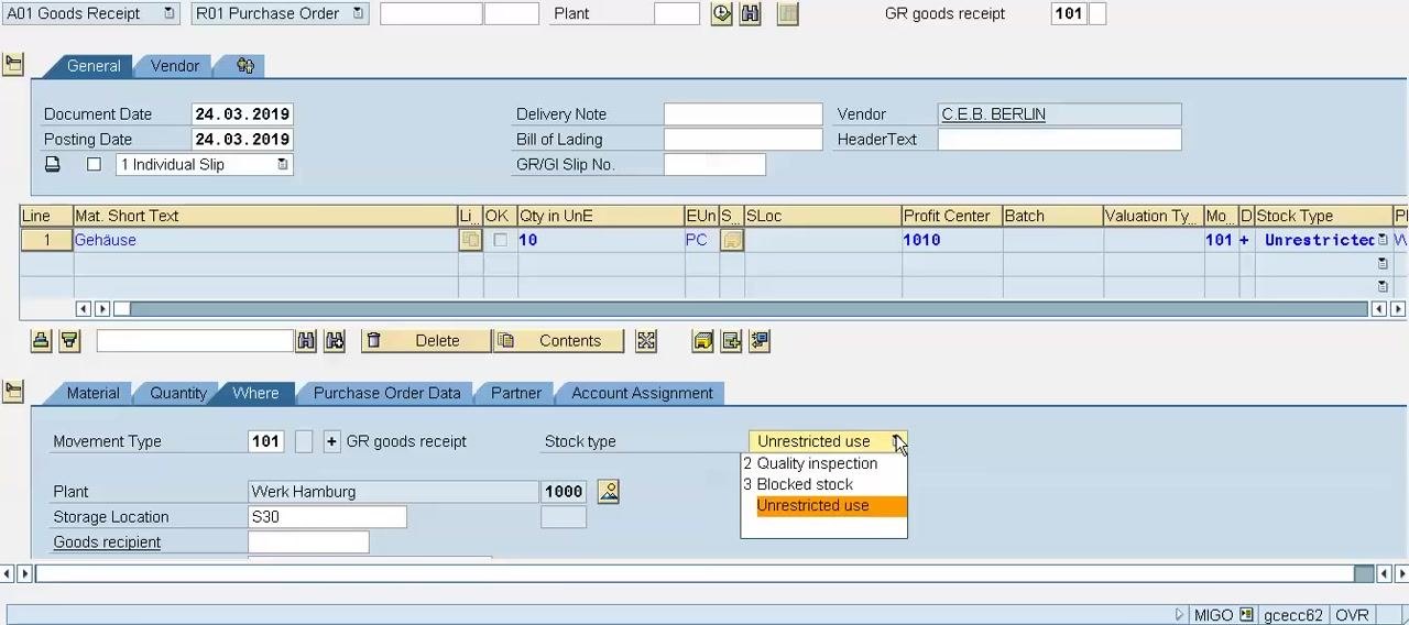 Dropdown menu for the Stock type field showing the options: Unrestricted use, Quality inspection, and Blocked stock.