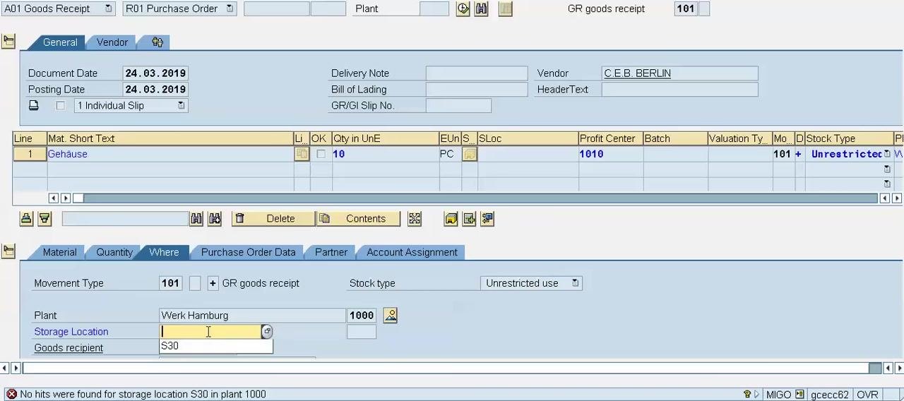 Storage Location field being edited, with a dropdown showing options S30 and 0001, and a warning message about an invalid storage location.