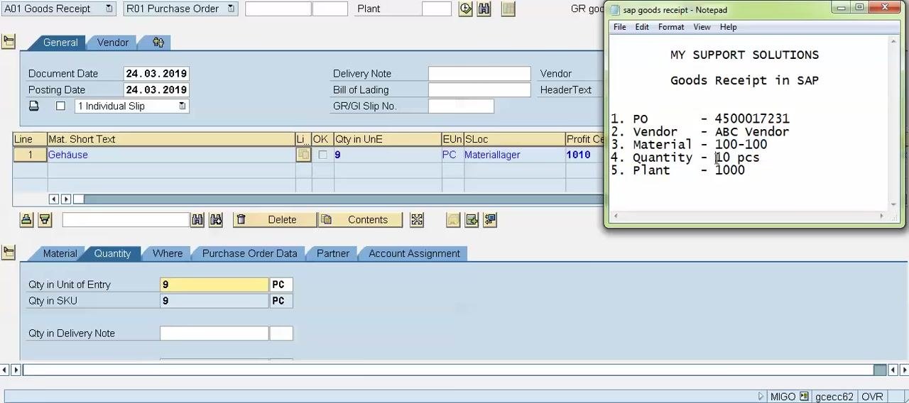 Quantity tab showing Qty in Unit of Entry and Qty in SKU both set to 9 PC, with the rest of the SAP interface visible.